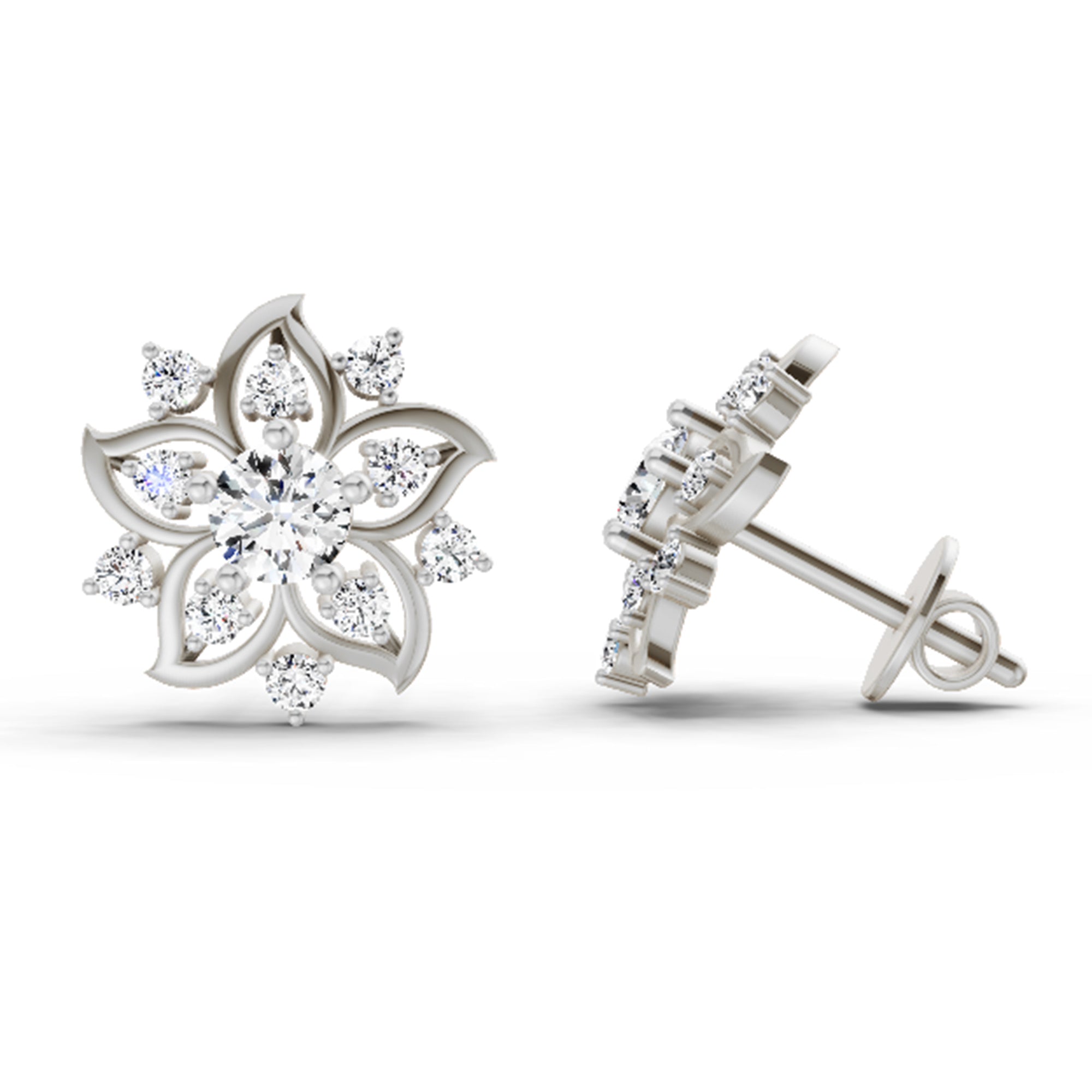 0.91 Carat Round Flower Stud Earrings 14K - White Gold