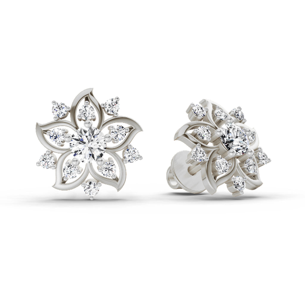 0.91 Carat Round Flower Stud Earrings 14K - White Gold