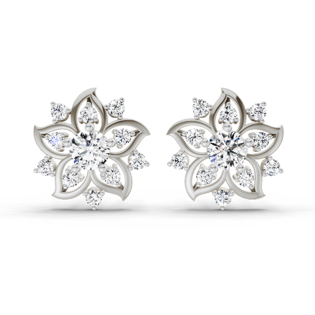 0.91 Carat Round Flower Stud Earrings 14K - White Gold