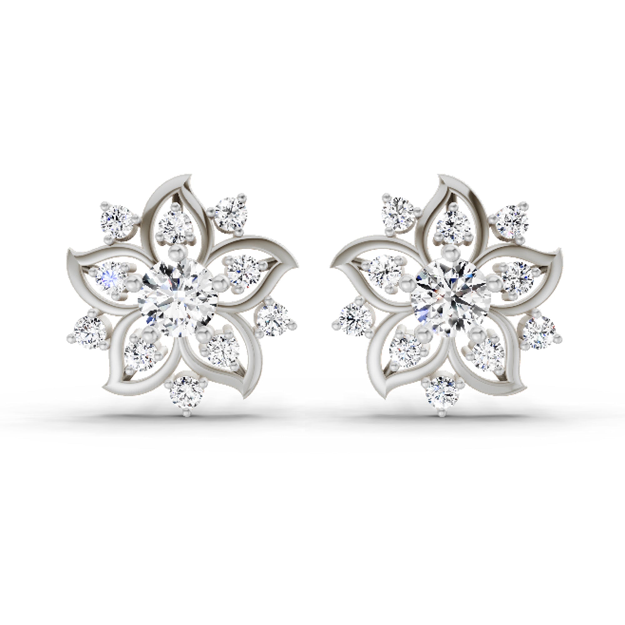 0.91 Carat Round Flower Stud Earrings 14K - White Gold