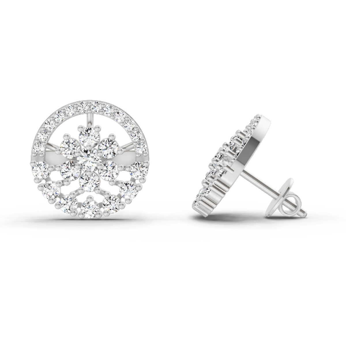 1.28 Carat Round Floral Halo Stud Earrings 14K - White Gold