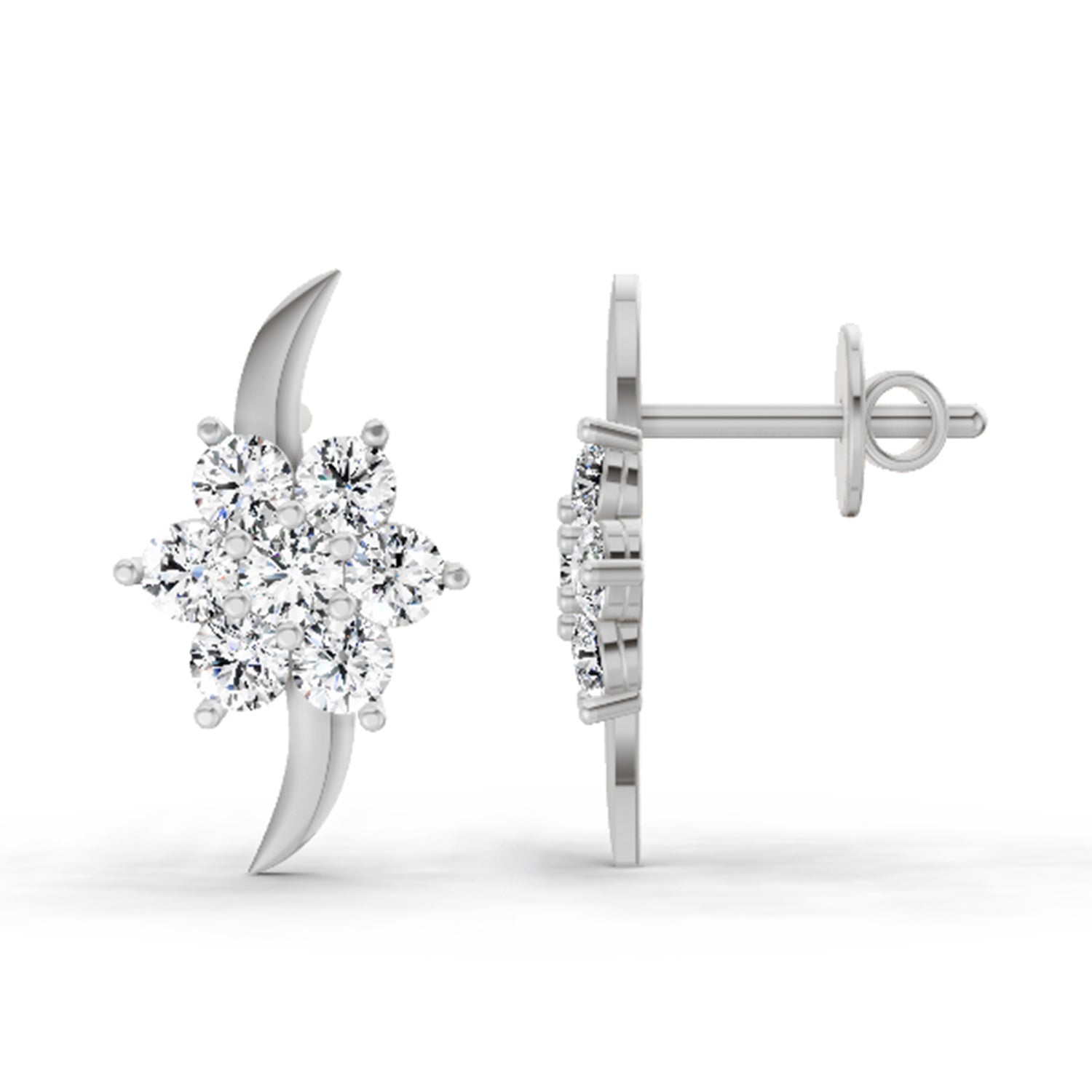 0.97 Carat Round Flower Stud Earrings 14K - White Gold