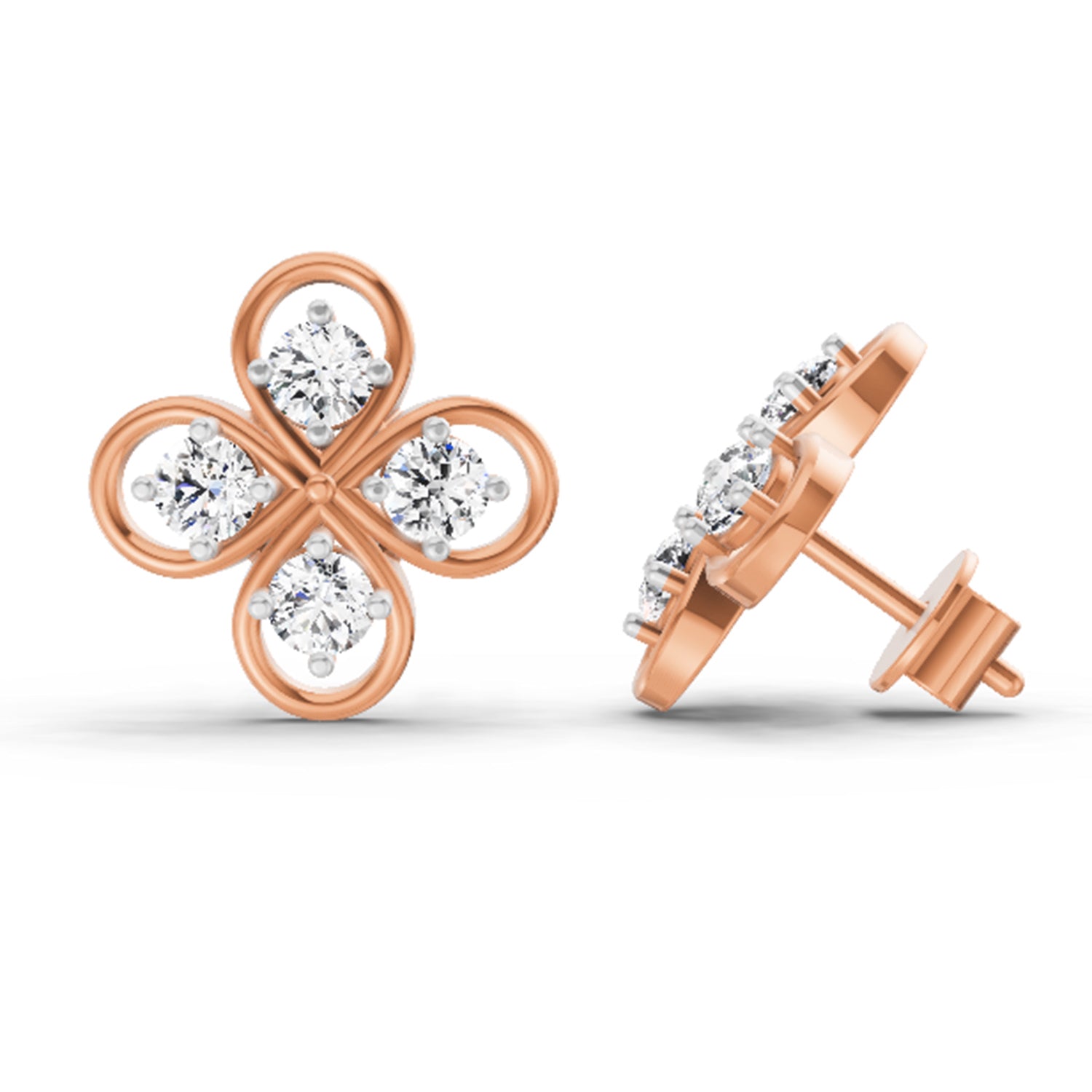 0.85 Carat Round Clover Stud Earrings 14K - Rose Gold