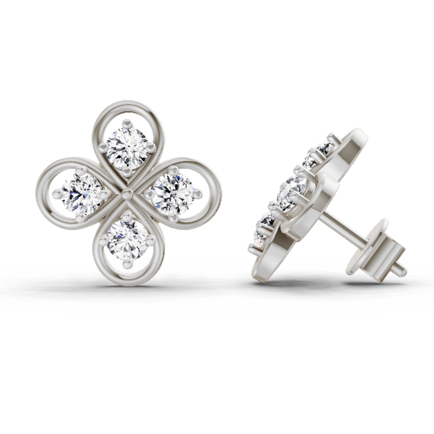 0.85 Carat Round Clover Stud Earrings 14K - White Gold