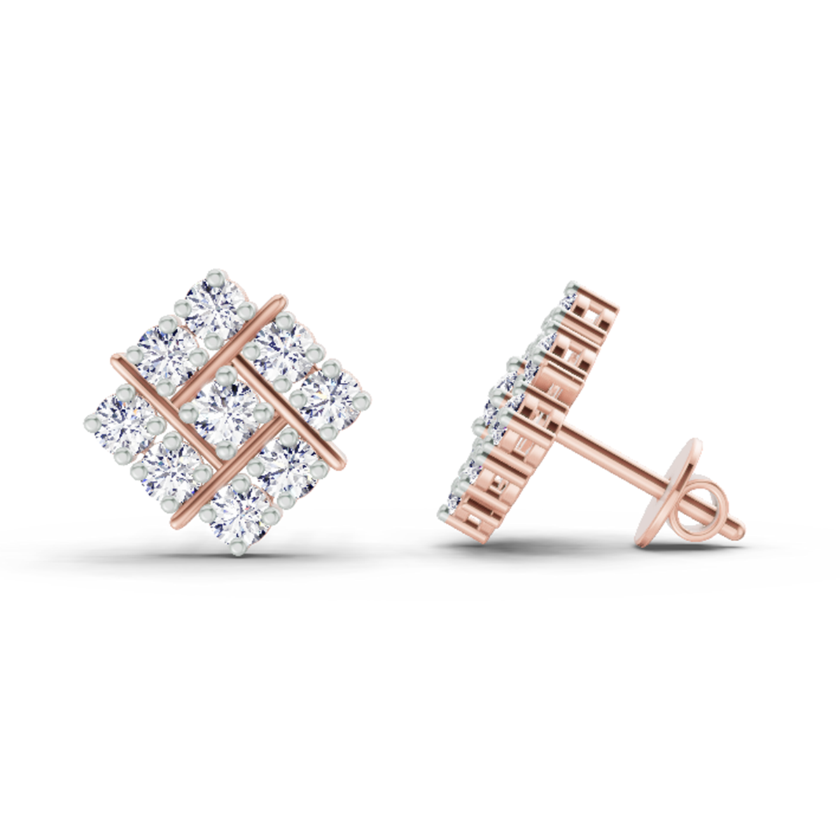 0.97 Carat Square Cluster Stud Earrings 14K - Rose Gold