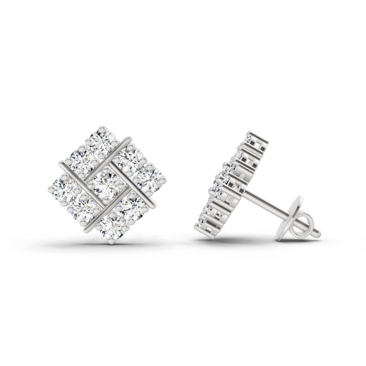 0.97 Carat Square Cluster Stud Earrings 14K - White Gold