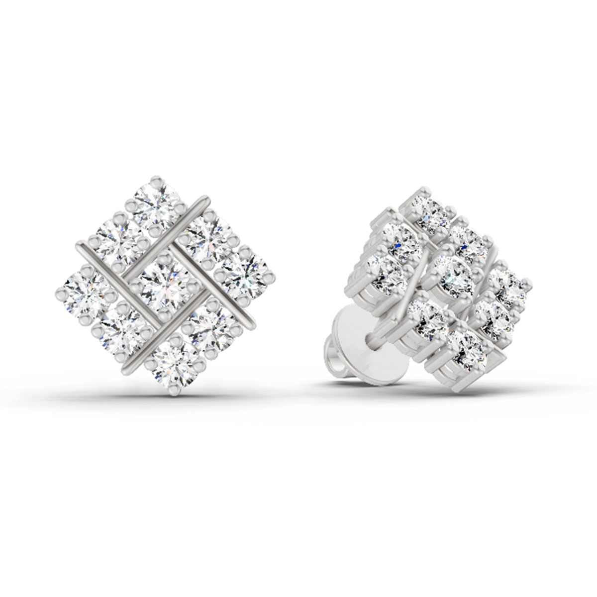 0.97 Carat Square Cluster Stud Earrings 14K - White Gold
