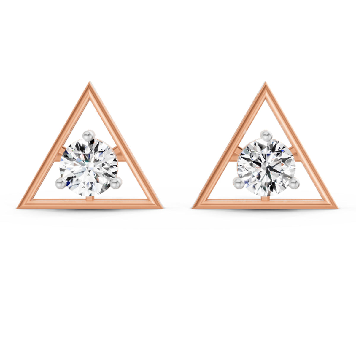 Rose gold triangle earrings with clear gemstones on a white background