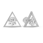 Pair of triangle-shaped earrings with round gemstones on a white background