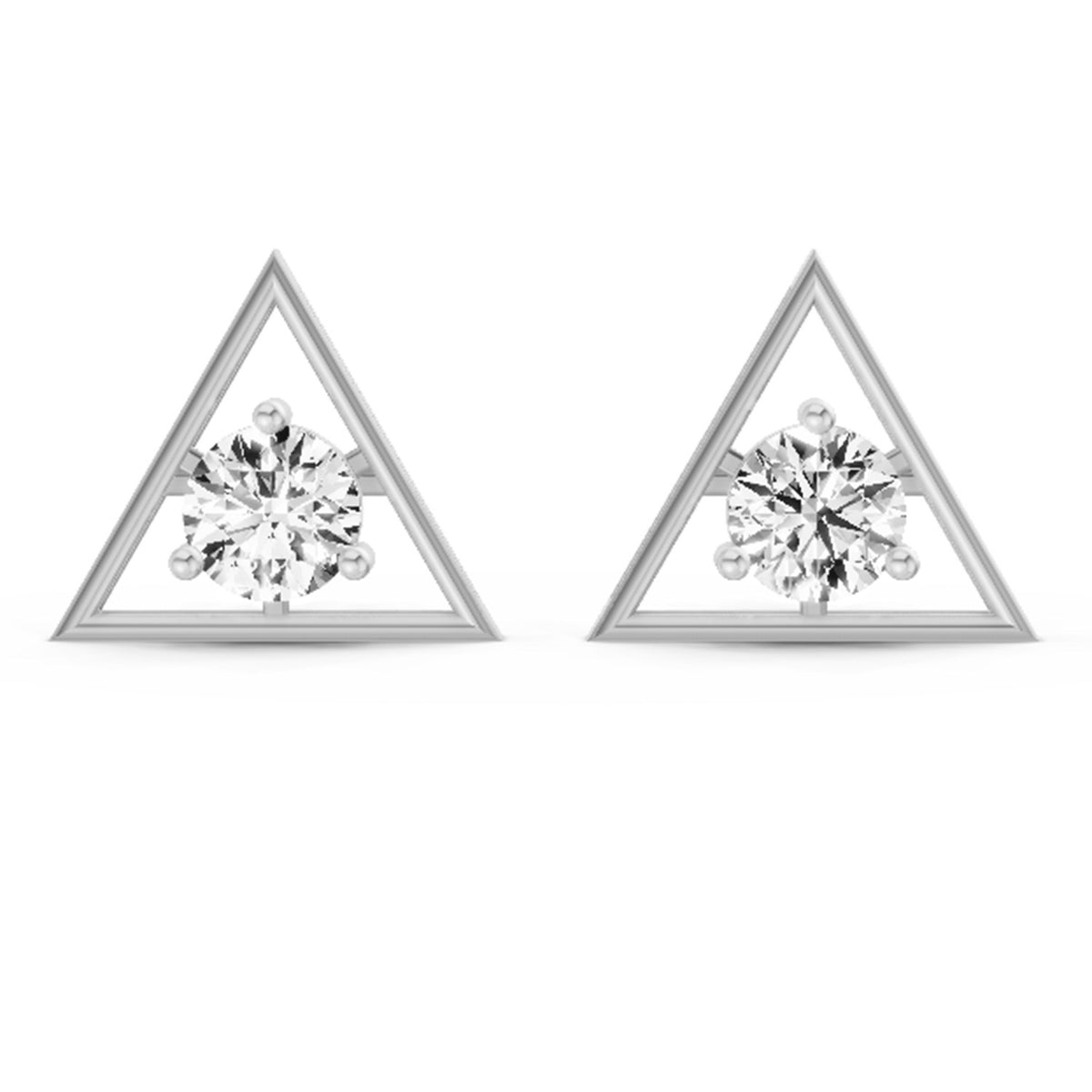 Pair of diamond earrings with triangular metal frames on a white background