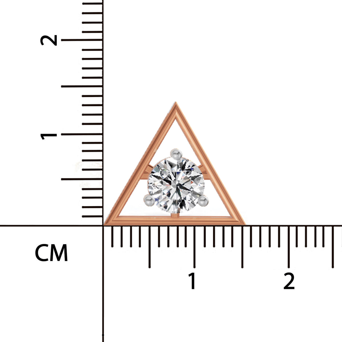 Triangular diamond ring with a ruler for scale on a white background