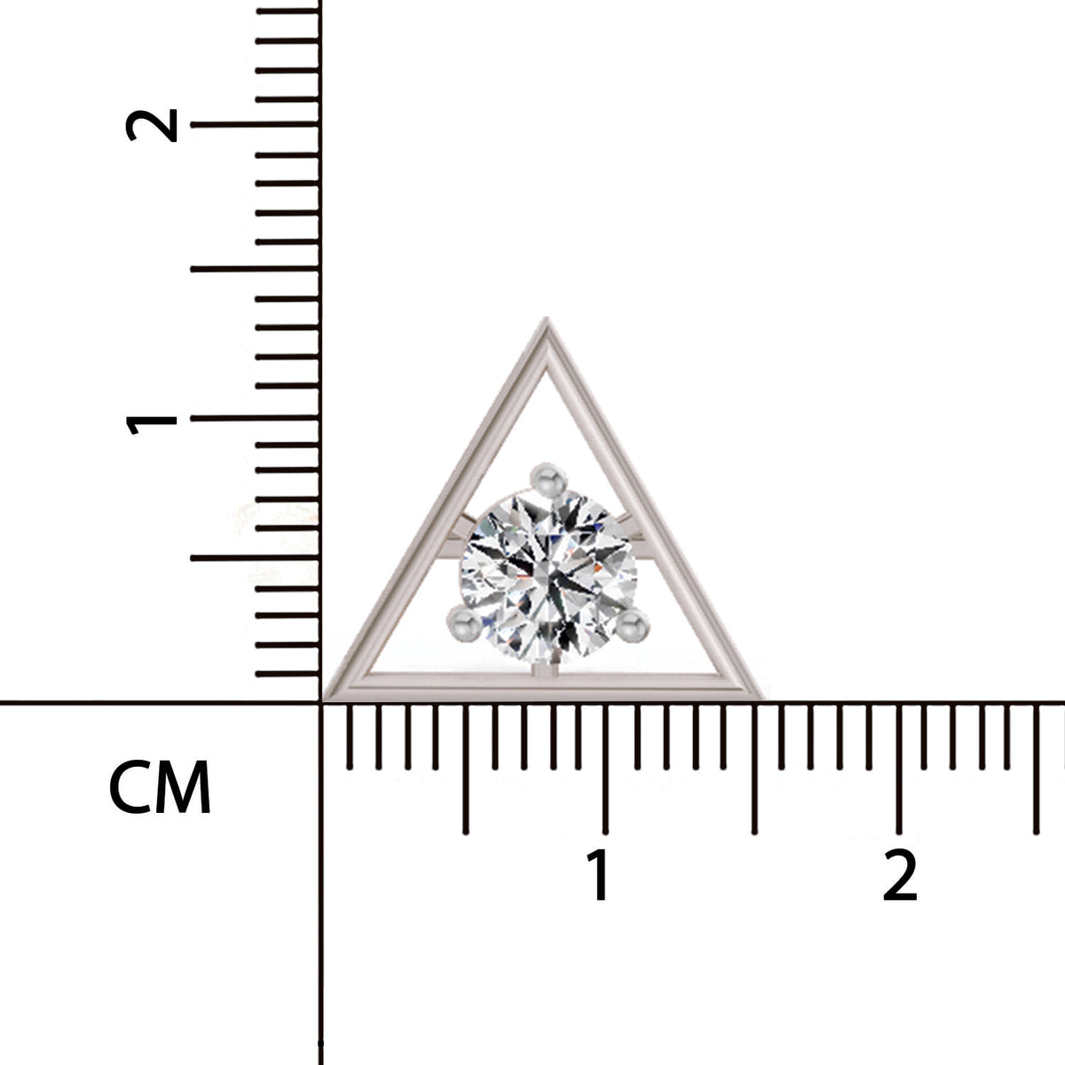 Triangular diamond setting with a ruler for scale on a white background