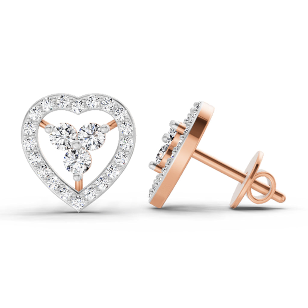 0.63 Carat Heart Shape 3 Stone Diamond Stud Earrings 14K - Rose Gold