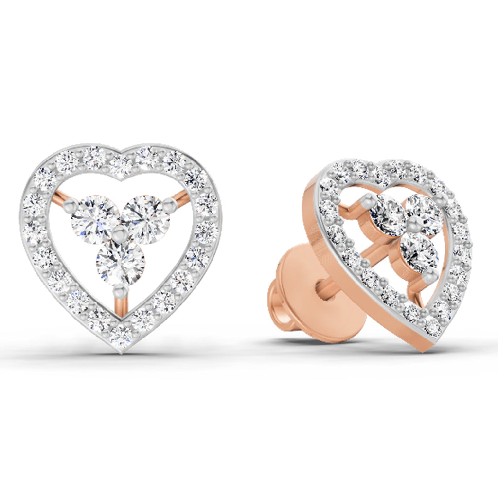 0.63 Carat Heart Shape 3 Stone Diamond Stud Earrings 14K - Rose Gold
