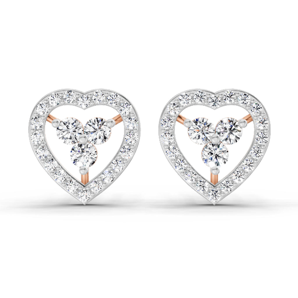 0.63 Carat Heart Shape 3 Stone Diamond Stud Earrings 14K - Rose Gold