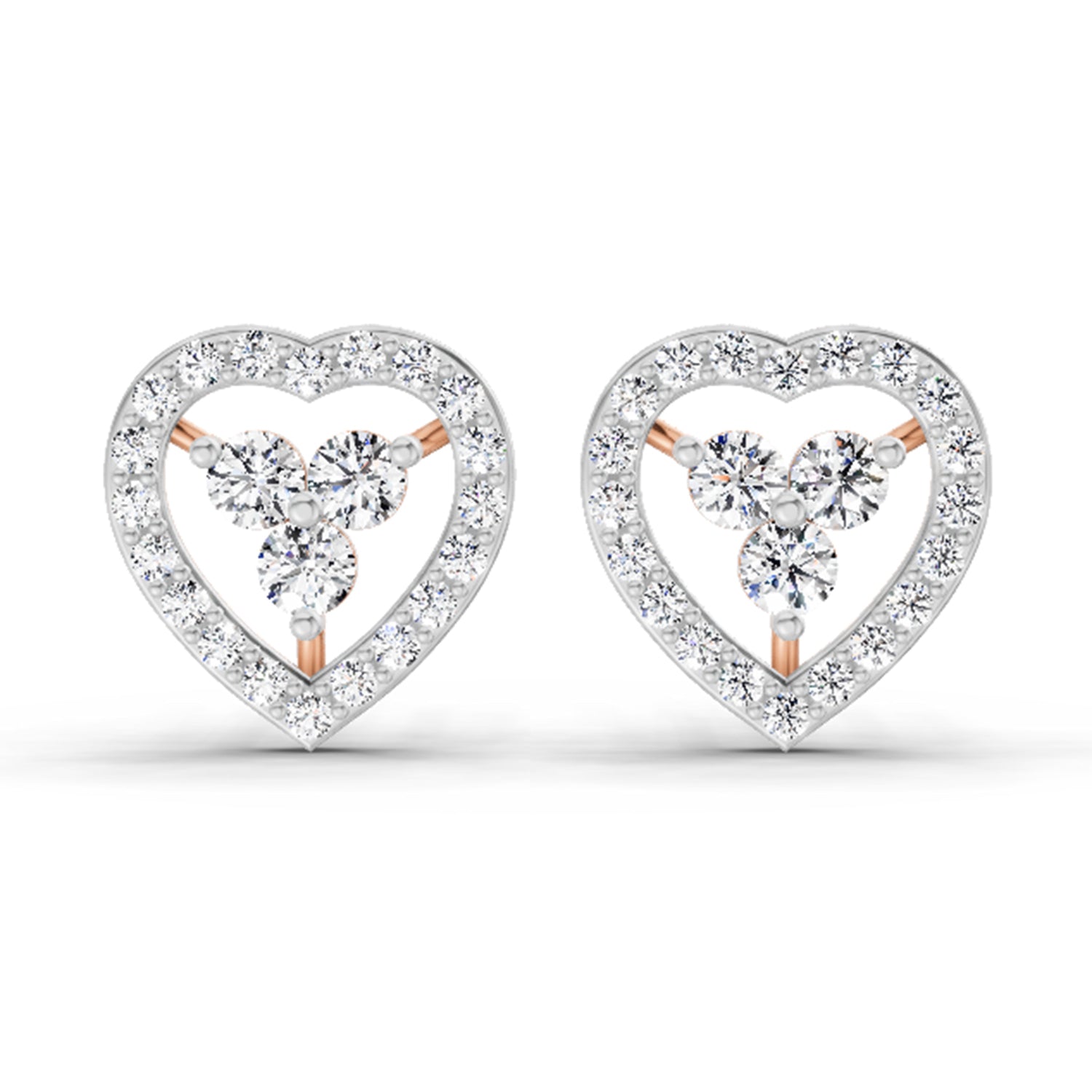 0.63 Carat Heart Shape 3 Stone Diamond Stud Earrings 14K - Rose Gold