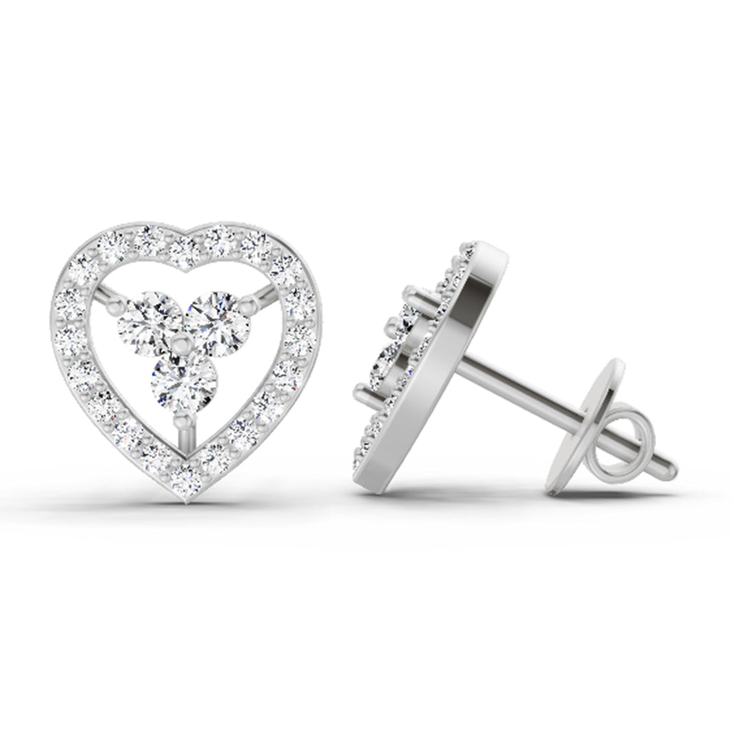 0.63 Carat Heart Shape 3 Stone Diamond Stud Earrings 14K - White Gold