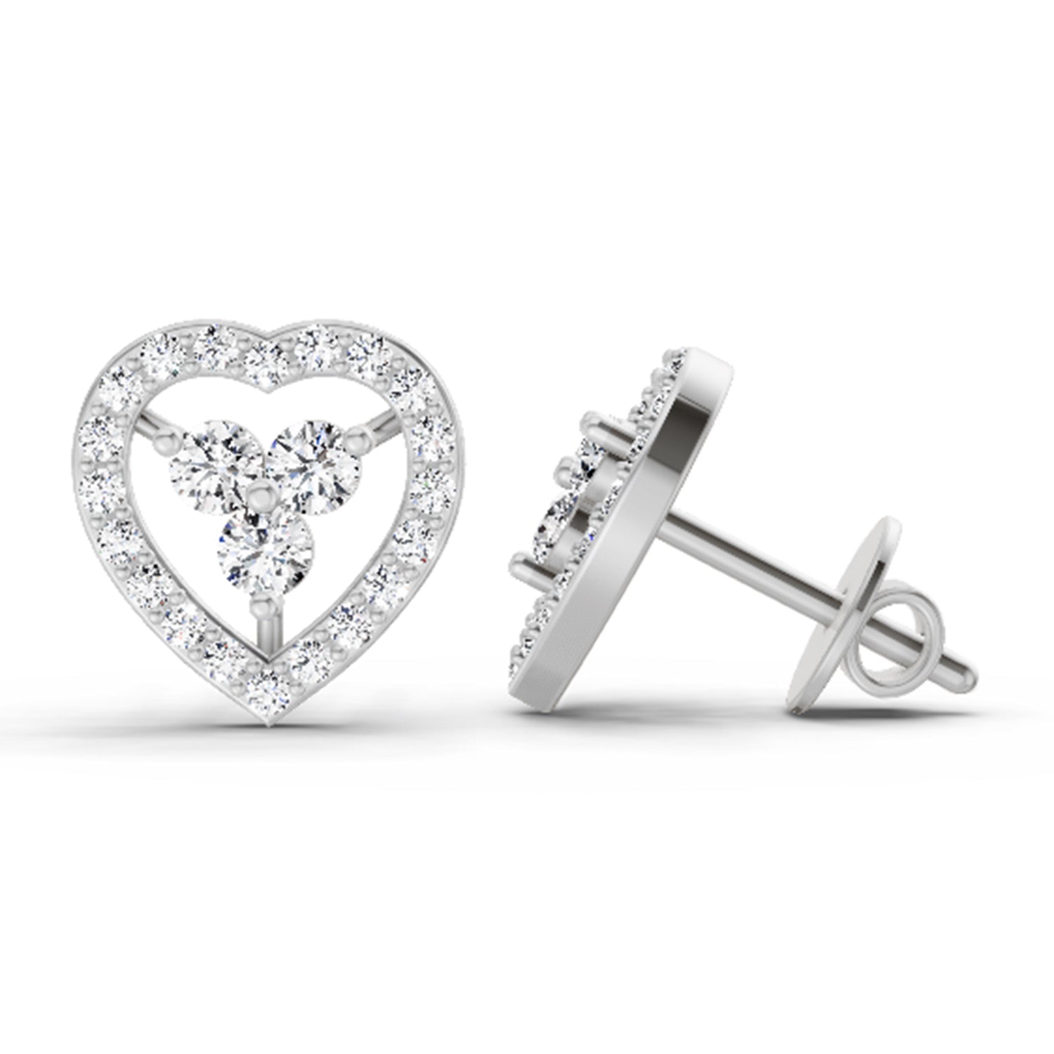0.63 Carat Heart Shape 3 Stone Diamond Stud Earrings 14K - White Gold