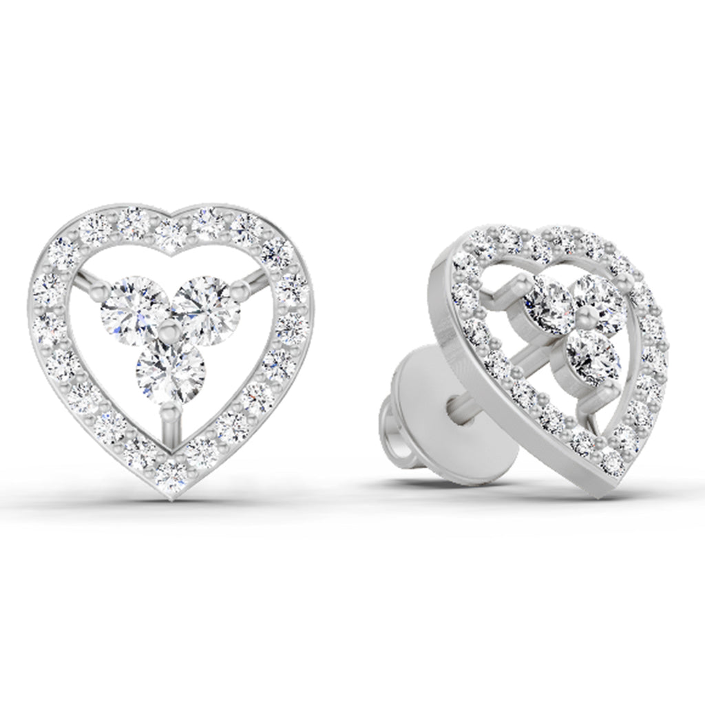 0.63 Carat Heart Shape 3 Stone Diamond Stud Earrings 14K - White Gold