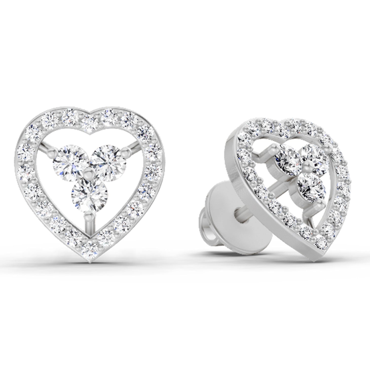 0.63 Carat Heart Shape 3 Stone Diamond Stud Earrings 14K - White Gold