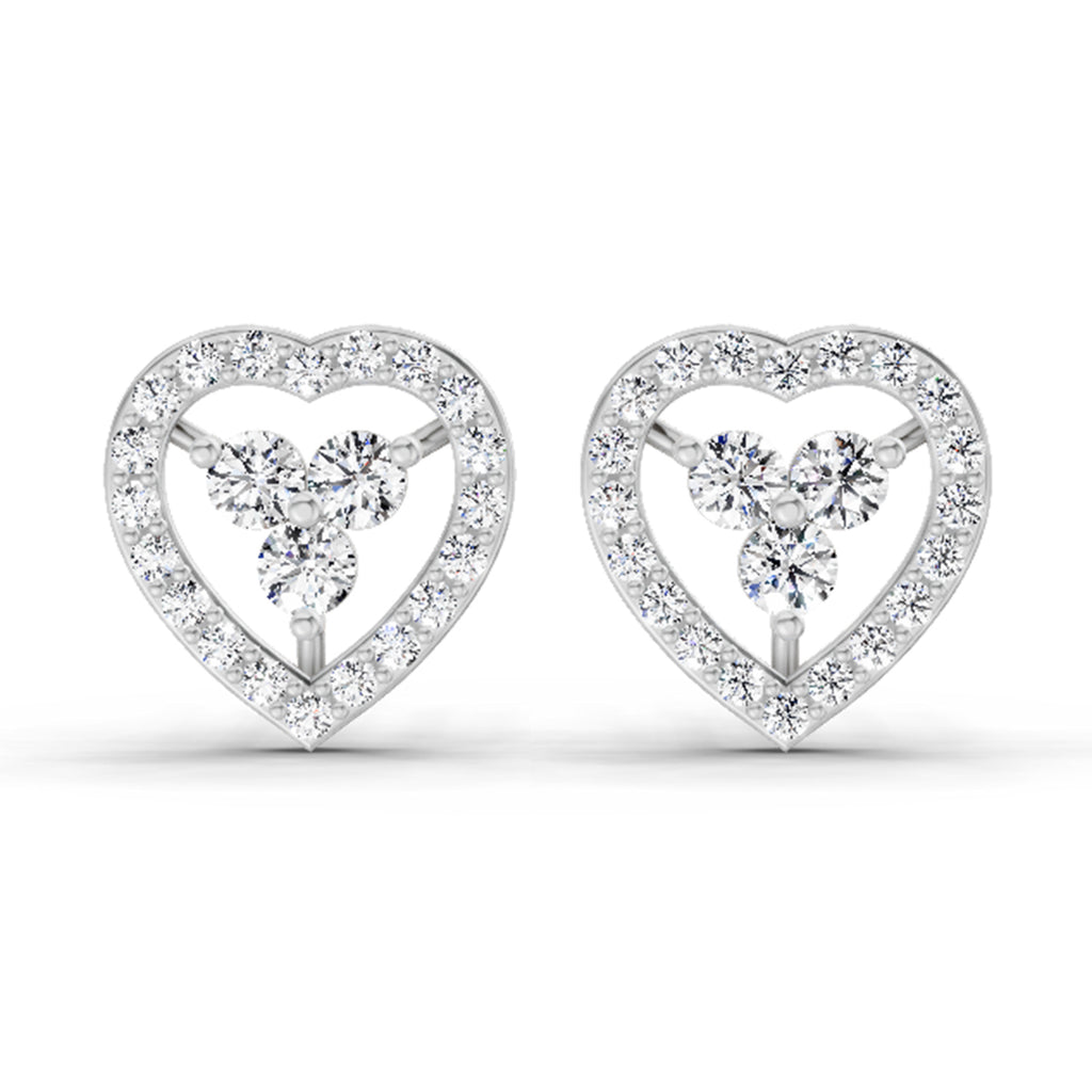 0.63 Carat Heart Shape 3 Stone Diamond Stud Earrings 14K - White Gold