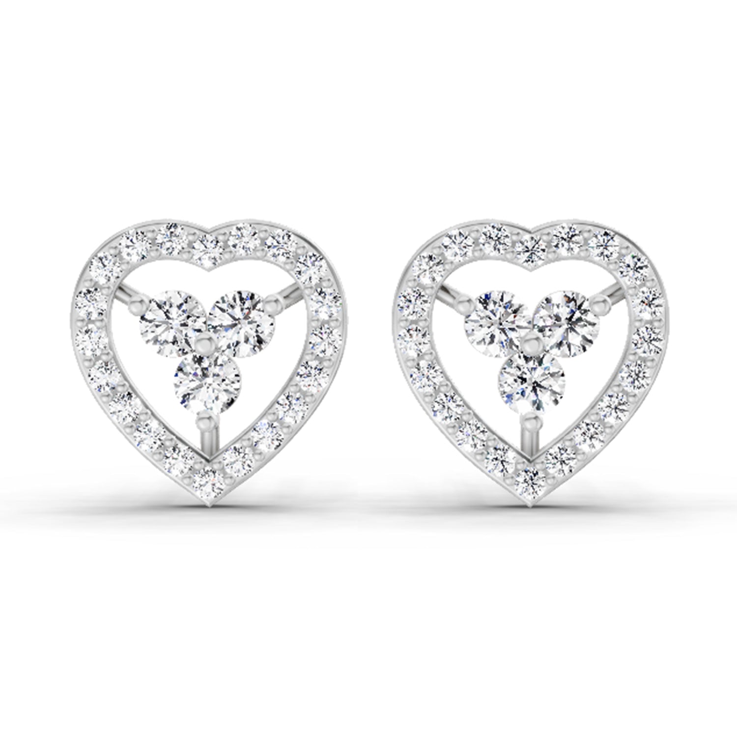 0.63 Carat Heart Shape 3 Stone Diamond Stud Earrings 14K - White Gold