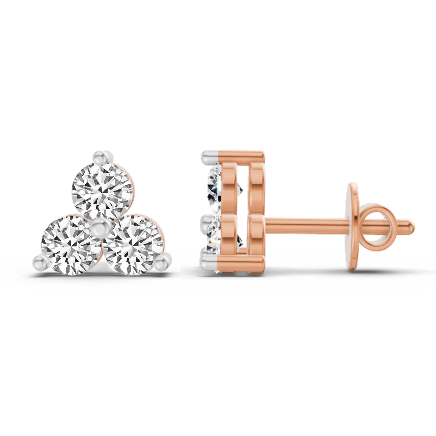 1 Carat Diamond 3 Stone Stud Earrings 14K - Rose Gold