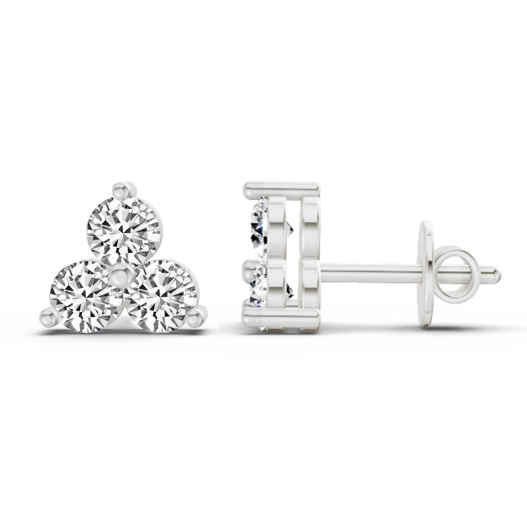 1 Carat Diamond 3 Stone Stud Earrings 14K - White Gold