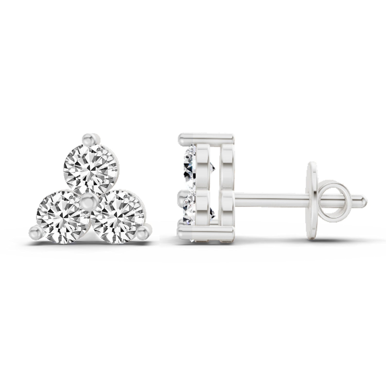 1 Carat Diamond 3 Stone Stud Earrings 14K - White Gold