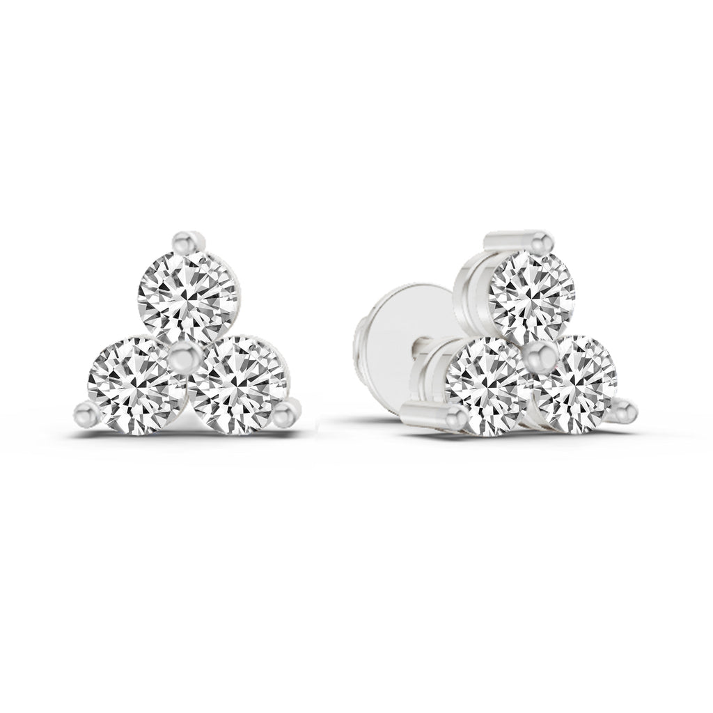 1 Carat Diamond 3 Stone Stud Earrings 14K - White Gold