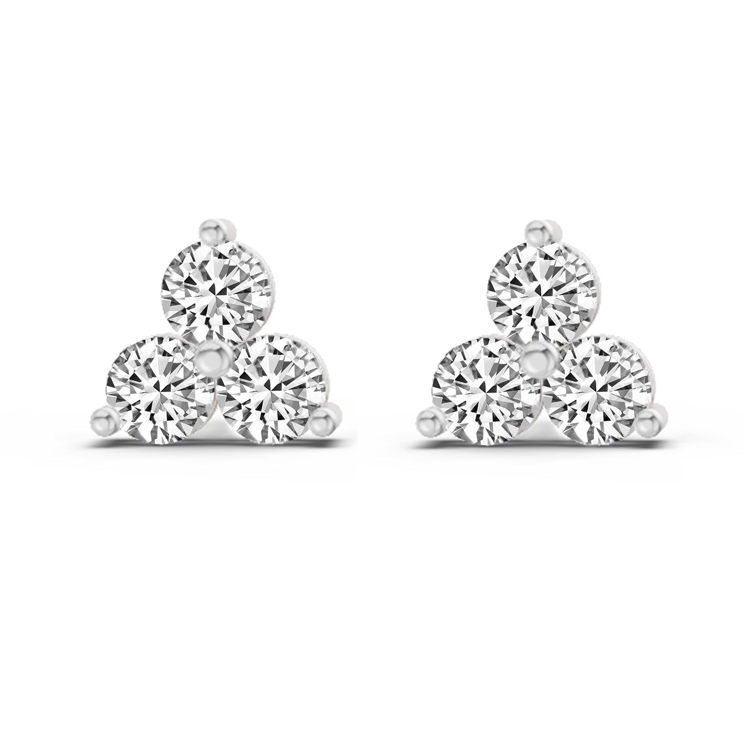 1 Carat Diamond 3 Stone Stud Earrings 14K - White Gold