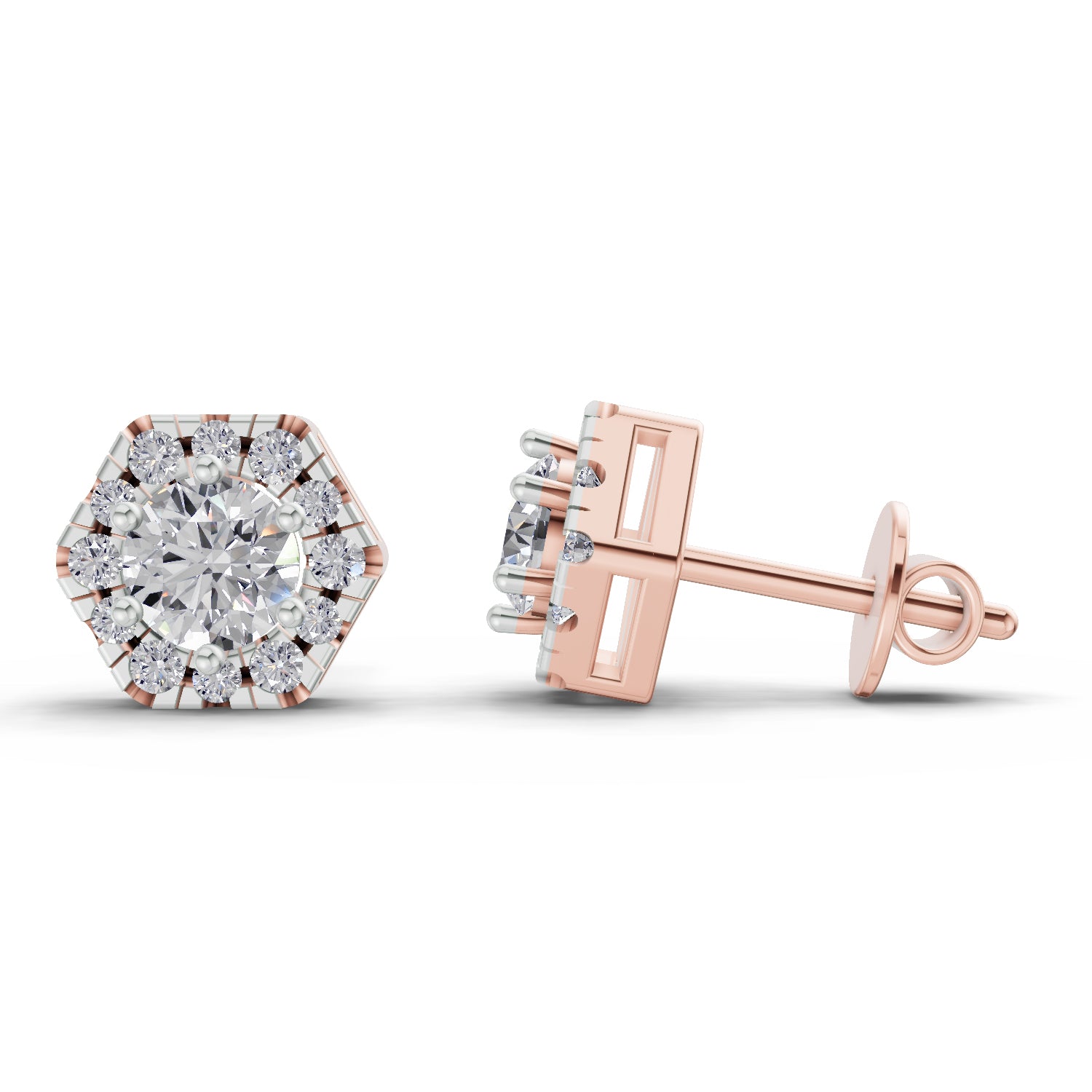 1 Carat Diamond Hexagon Halo Stud Earrings 14K - Rose Gold