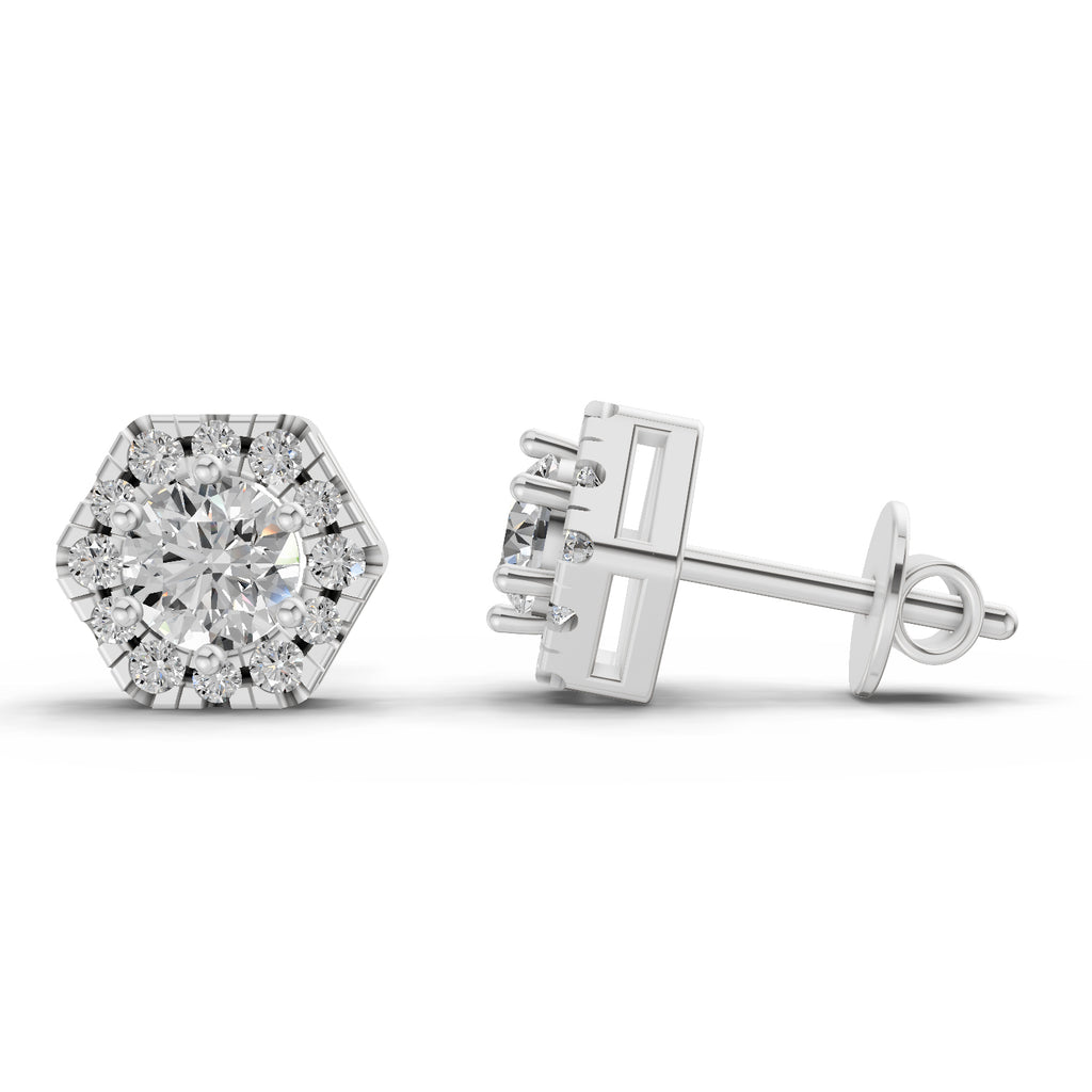 1 Carat Diamond Hexagon Halo Stud Earrings 14K - White Gold