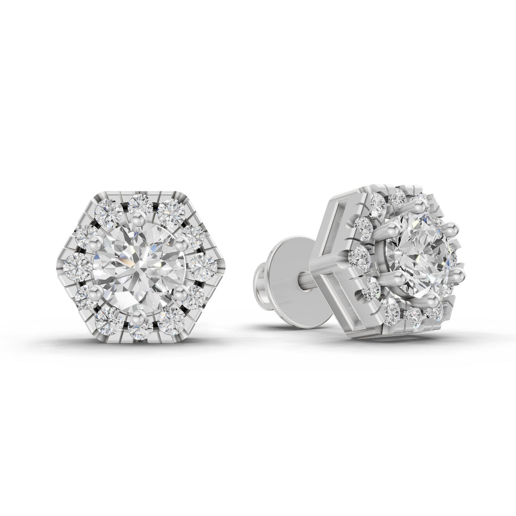 1 Carat Diamond Hexagon Halo Stud Earrings 14K - White Gold