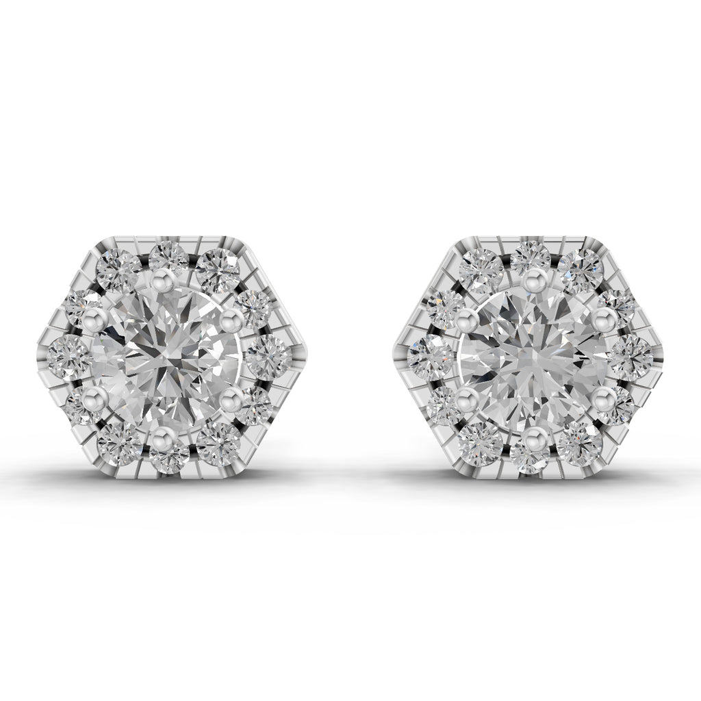 1 Carat Diamond Hexagon Halo Stud Earrings 14K - White Gold