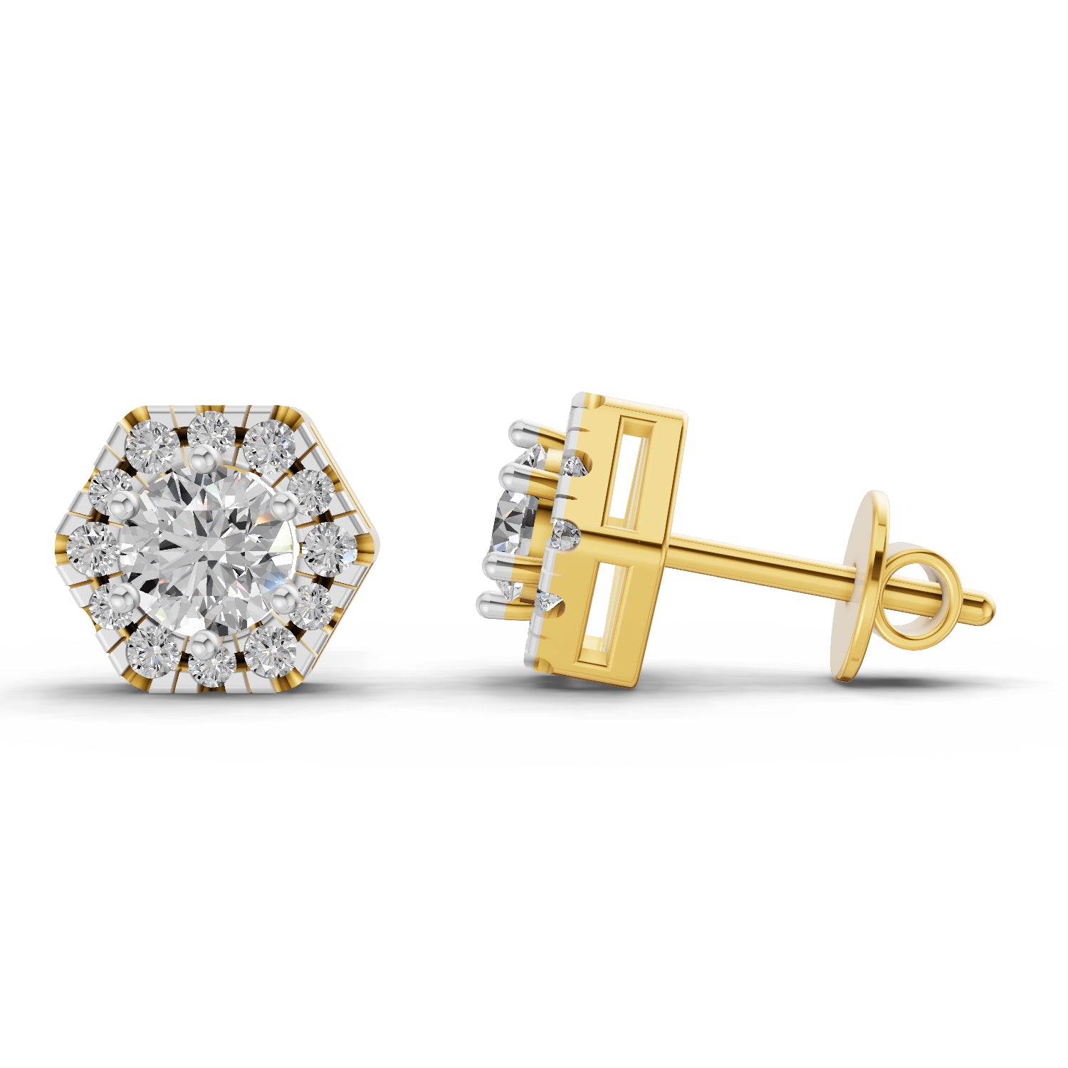 1 Carat Diamond Hexagon Halo Stud Earrings 14K
