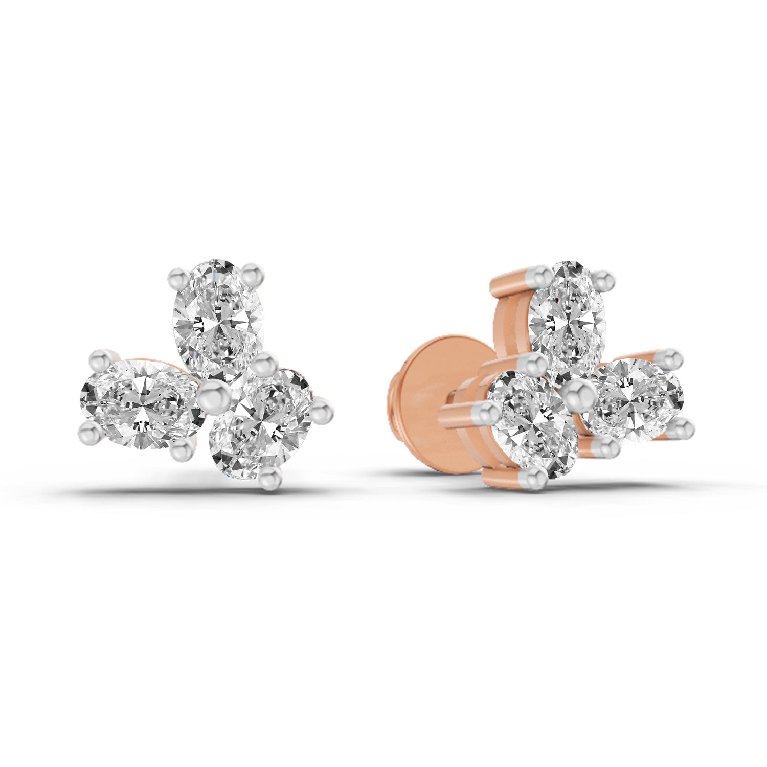 1 Carat Oval Shape 3 Stone Diamond Stud Earrings 14K - Rose Gold
