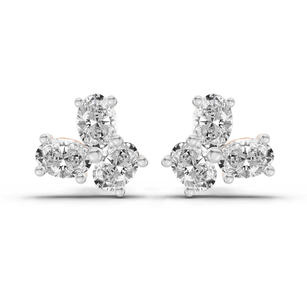 1 Carat Oval Shape 3 Stone Diamond Stud Earrings 14K - Rose Gold