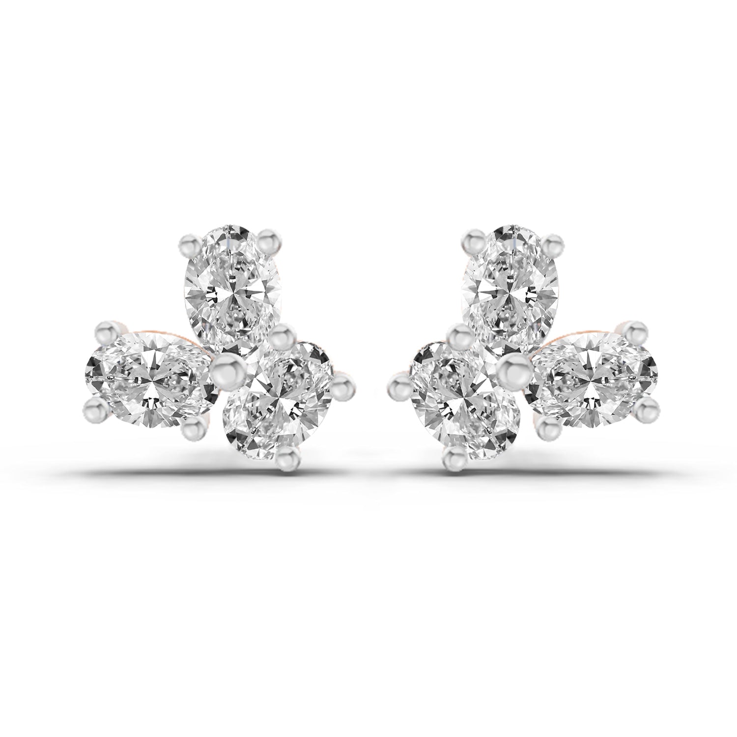 1 Carat Oval Shape 3 Stone Diamond Stud Earrings 14K - Rose Gold