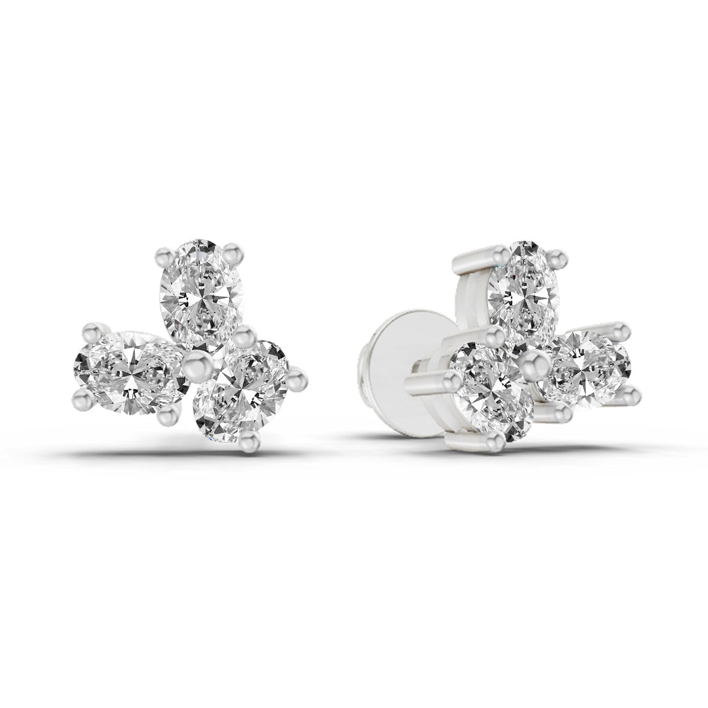 1 Carat Oval Shape 3 Stone Diamond Stud Earrings 14K - White Gold