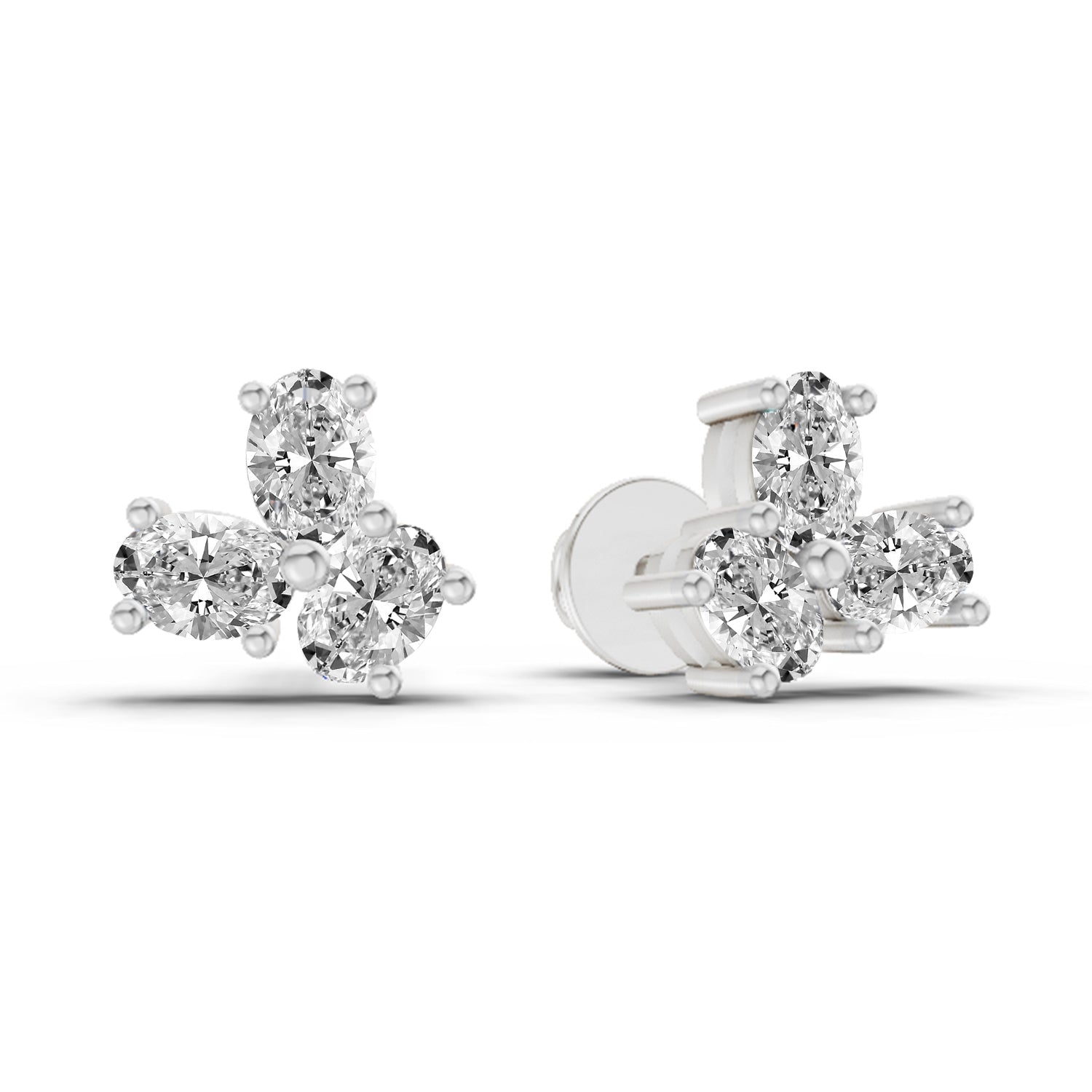 1 Carat Oval Shape 3 Stone Diamond Stud Earrings 14K - White Gold