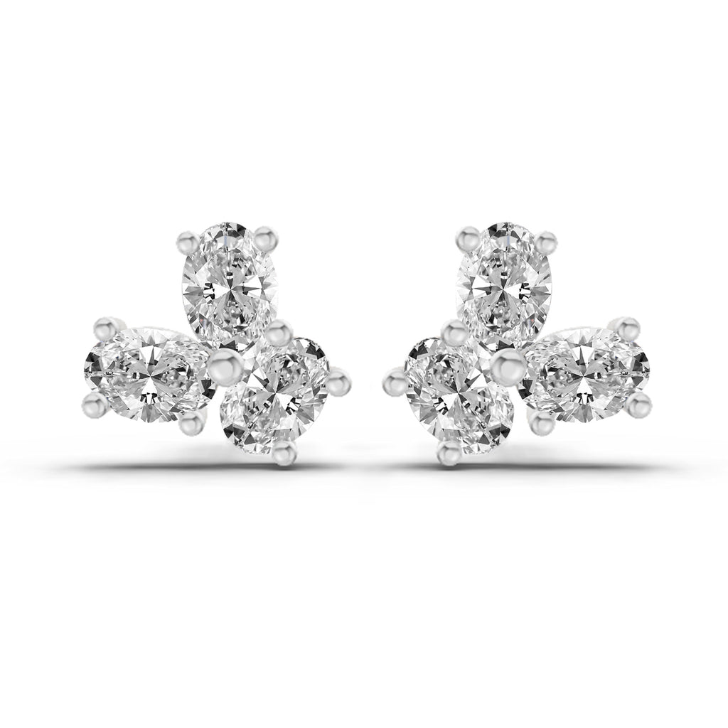 1 Carat Oval Shape 3 Stone Diamond Stud Earrings 14K - White Gold