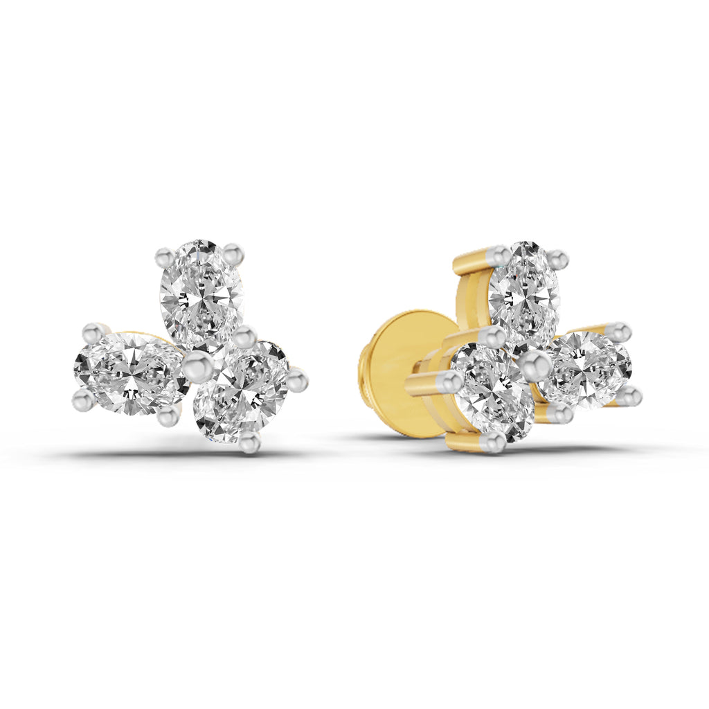 1 Carat Oval Shape 3 Stone Diamond Stud Earrings 14K