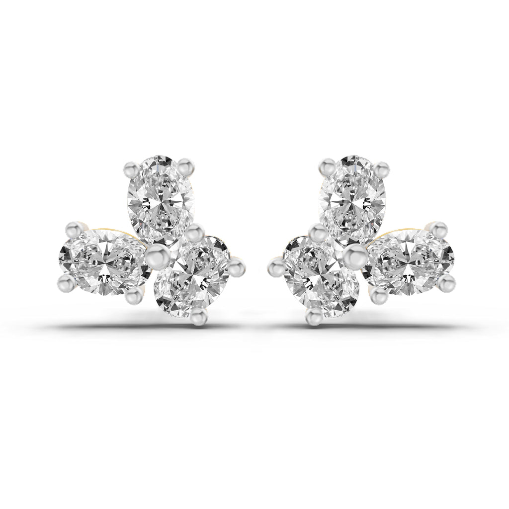 1 Carat Oval Shape 3 Stone Diamond Stud Earrings 14K