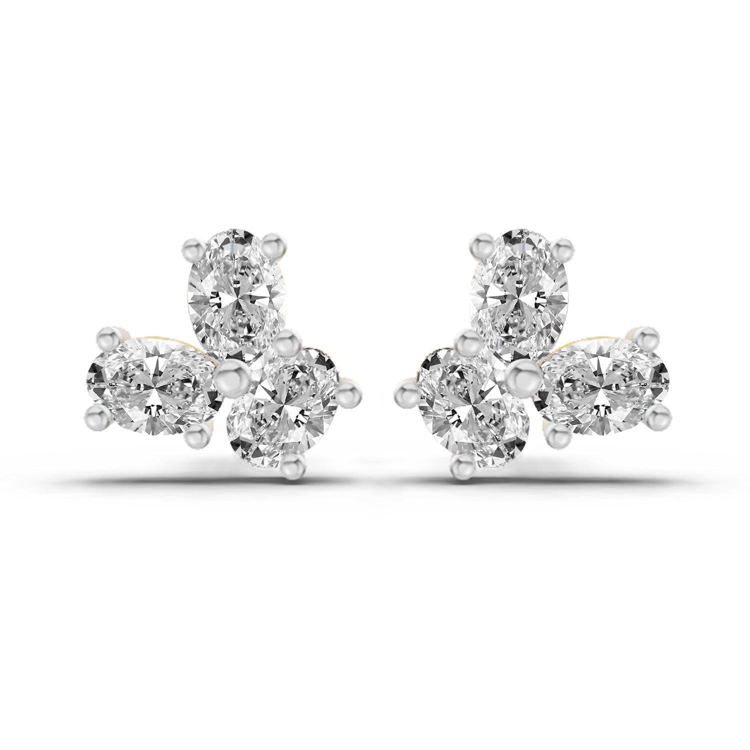 1 Carat Oval Shape 3 Stone Diamond Stud Earrings 14K