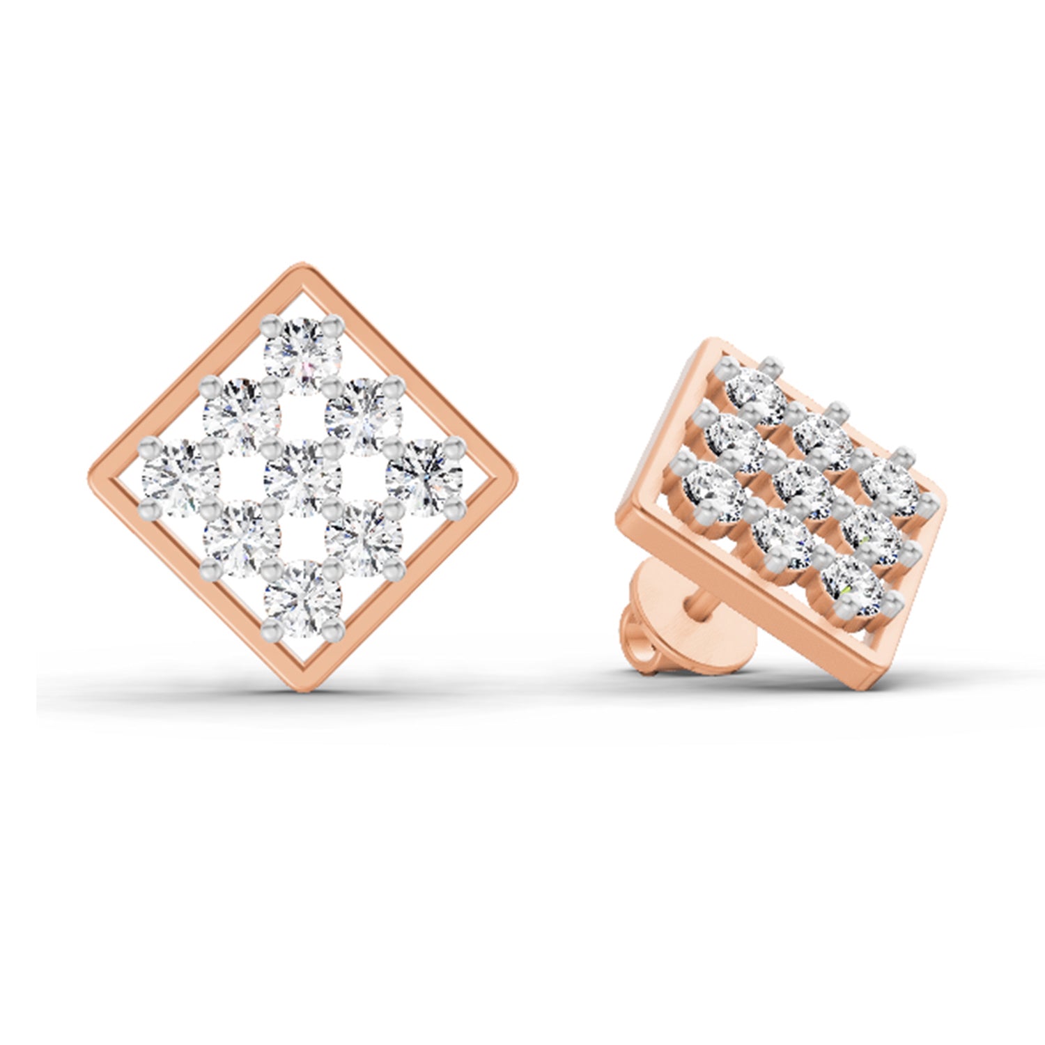 1 Carat Diamond Square Cluster Stud Earrings 14K Sparkles - Rose Gold