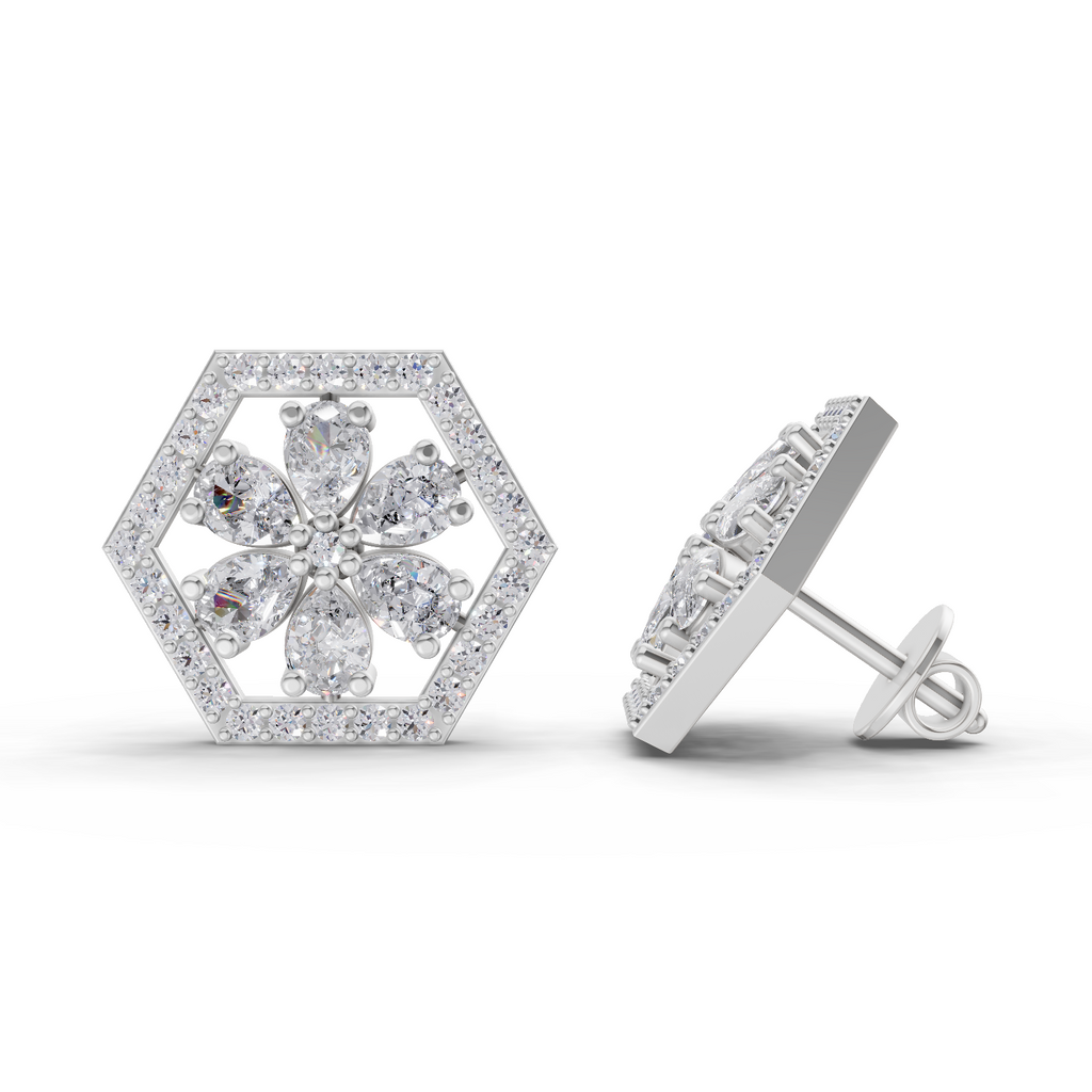 1.78 Carat Shatkon Phool Diamond Studs Earrings 14K - White Gold