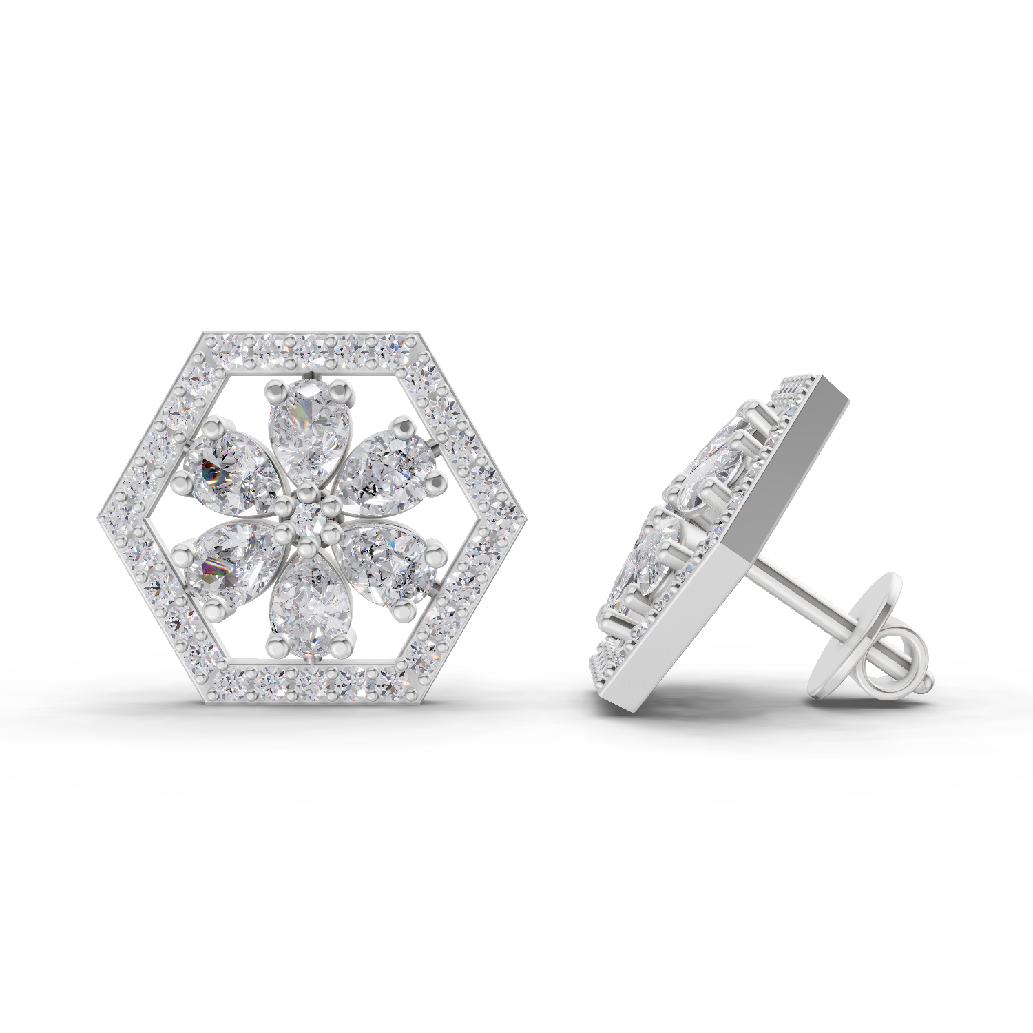 1.78 Carat Shatkon Phool Diamond Studs Earrings 14K - White Gold