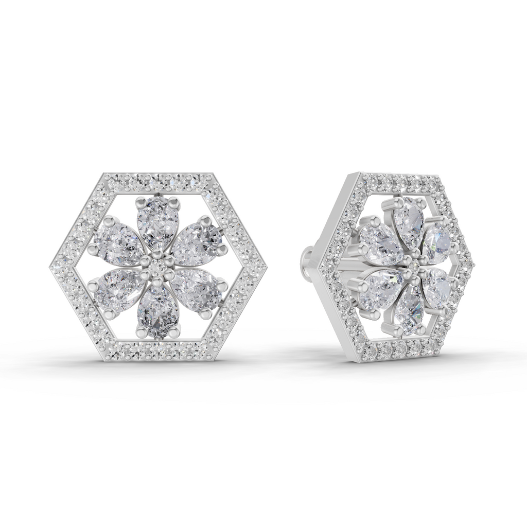 1.78 Carat Shatkon Phool Diamond Studs Earrings 14K - White Gold