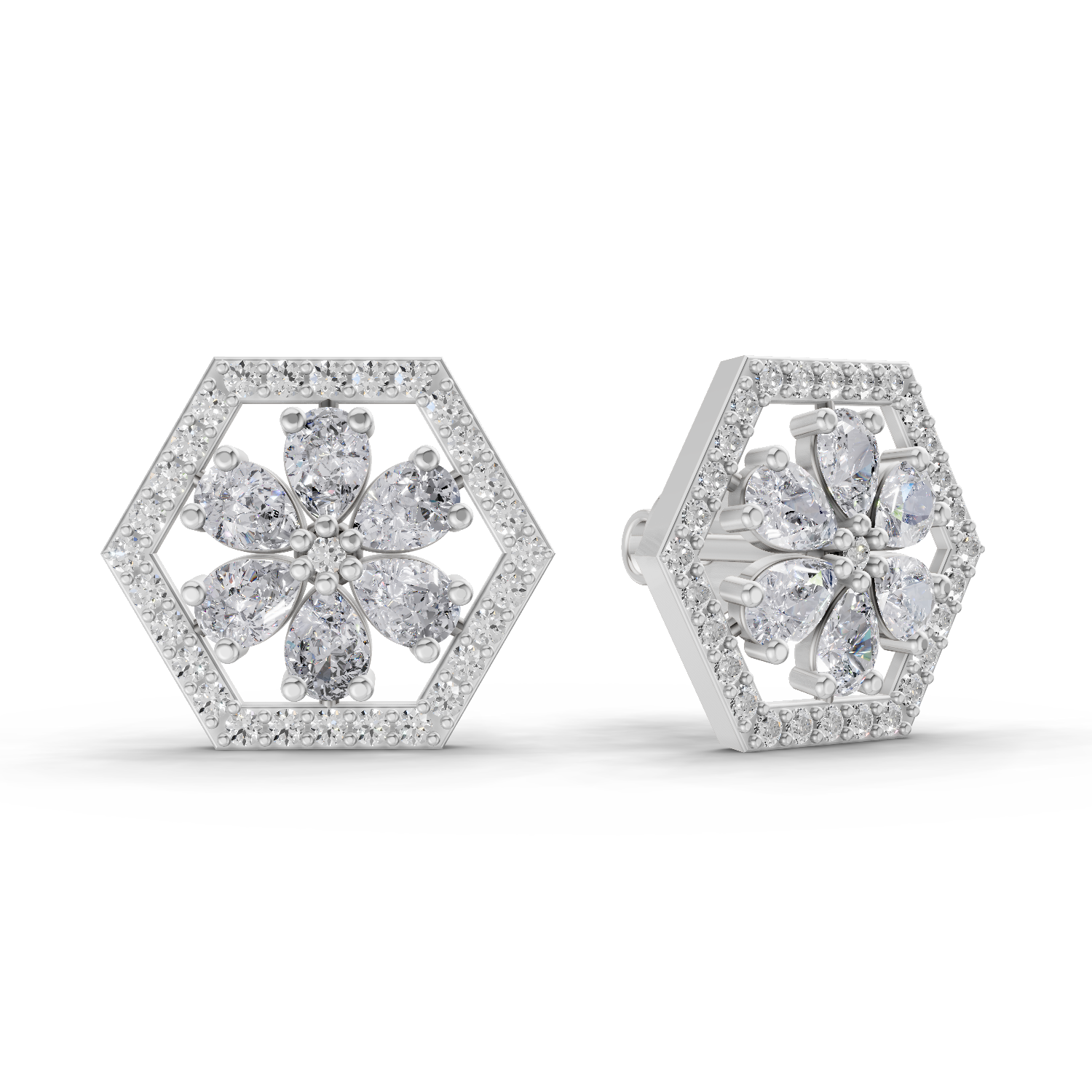1.78 Carat Shatkon Phool Diamond Studs Earrings 14K - White Gold
